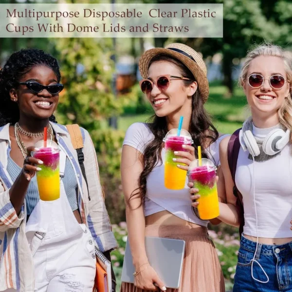 100 Sets Clear Plastic Cups with Dome Lids and Colorful Straws, Disposable Slushie Smoothie Cups PET Beverage for Party - Image 5