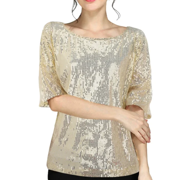 Fashion Women Half Sleeve T-Shirt Glistening Sequin 2025 Spring Autumn Round Neck Loose Shining T Shirt Female Tops T-Shirt - Image 2