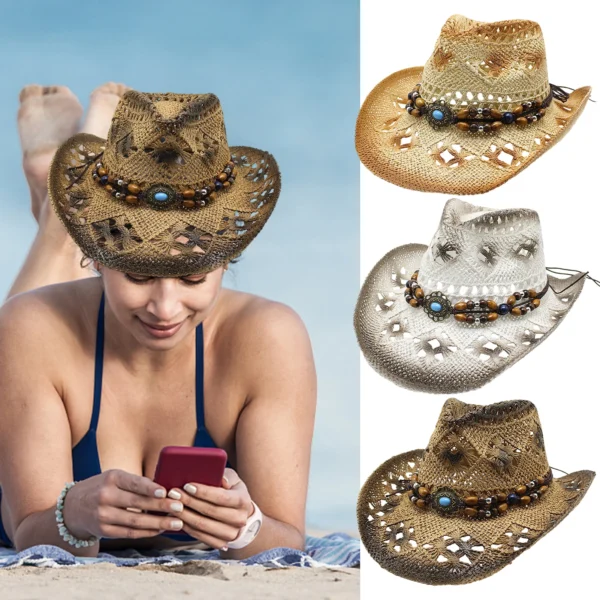 Straw Cowgirl Hat Unisex Beach Hat Cow Boy Hat With Hat Band For Men Women Breathable Lightweight Sun Protection - Image 2