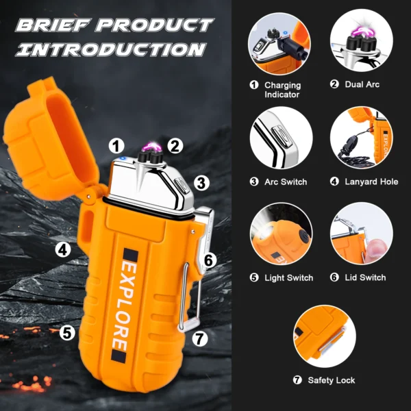 Waterproof Electric Lighter Windproof Dual Arc USB Rechargeable Flameless Plasma Lighters for Camping Hiking Survival Tactical - Image 4