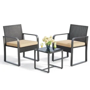 3-Piece Patio Chairs Set with Glass Coffee Table, Outdoor Rattan Furniture Set for Garden, Porch, Bistro, Yard, GrayCushion