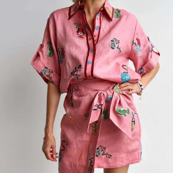 Linen Printing Shirt Pink Dress Temperament Versatile Multi Style Summer Women's Clothing Comfort Two Piece Set Mid Length Skirt - Image 3