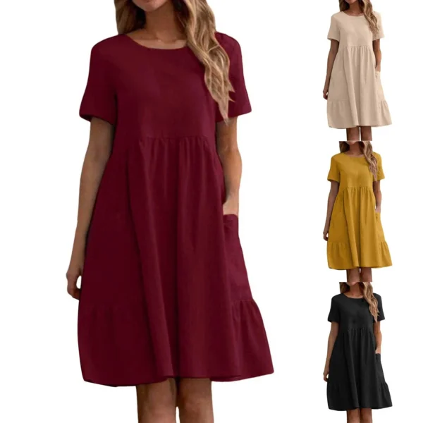 Evening Dresses Outfits Women Fashion Solid Vintage Cotton And Linen Loose Pocket Round Neck Short Sleeve Vestido Mujer Elegante - Image 6