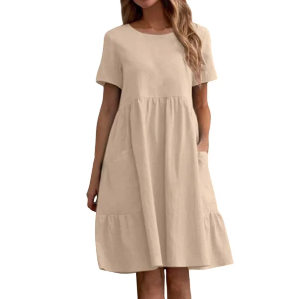 Evening Dresses Outfits Women Fashion Solid Vintage Cotton And Linen Loose Pocket Round Neck Short Sleeve Vestido Mujer Elegante - Image 7