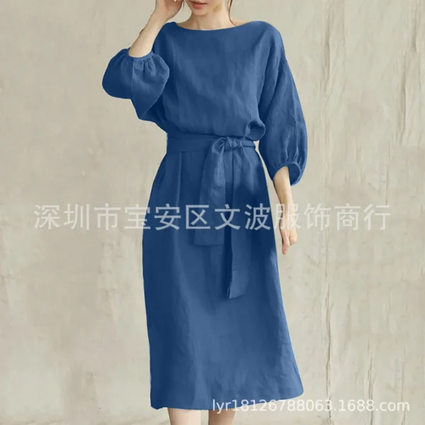 autumn Dress Women 2024 New Cotton Linen Solid Lace Up Casual Oversize O Neck Chic Long Sleeve Midi Dresses for Women with Belt - Image 10