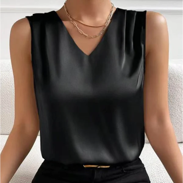 Coffee Tops For Women Summer V Neck Casual Soild Color Satin Sleeveless Basic Vest Shirt Fashionable Simple Apparel Shirts - Image 2