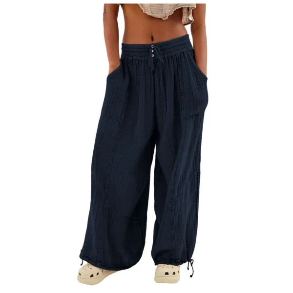 Beach Linen Pants Women Wide Leg Harem Pant High Waist Button Drawstring Palazzo Loose plus Size Pant with Pocket - Image 10