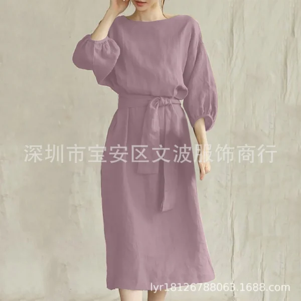 autumn Dress Women 2024 New Cotton Linen Solid Lace Up Casual Oversize O Neck Chic Long Sleeve Midi Dresses for Women with Belt - Image 12