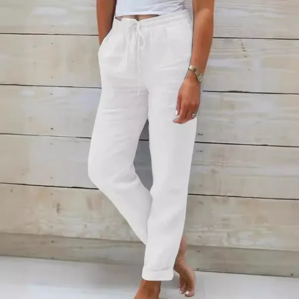 Women Cotton Linen Pants Summer Female High Elastic Waist Drawstring Pocket Beachwear Holiday Straight Trousers JYFS-1044 - Image 5