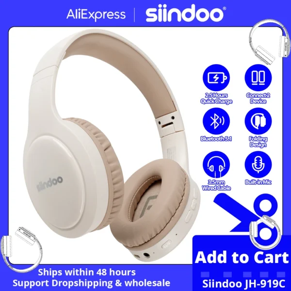 Siindoo JH-919Khaki Foldable Bluetooth Stereo Earphones Wireless Headphones 3EQ Sound Modes with Hi-FI Deep Bass Mic For Laptop