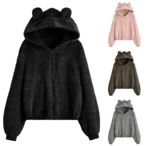 Cute Bear Ear Plush Warm Solid Casual Hoodie Female Pocket Creative Sweatshirts All-Match Street Clothes Womens Fleece Pullovers