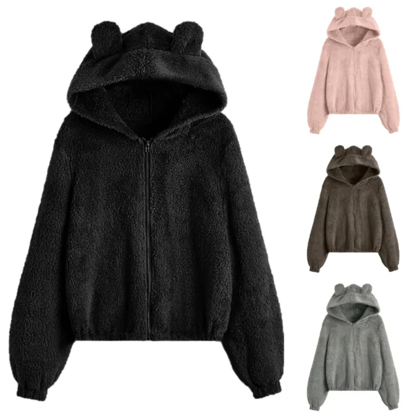 Cute Bear Ear Plush Warm Solid Casual Hoodie Female Pocket Creative Sweatshirts All-Match Street Clothes Womens Fleece Pullovers