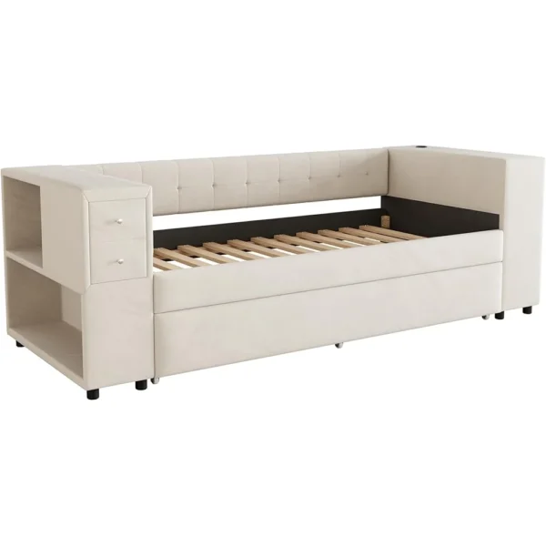 Velvet Upholstered Daybed with Twin Trundle USB Charging Port Storage Drawers Modern Guest Room Furniture Twin Size Frame - Image 4