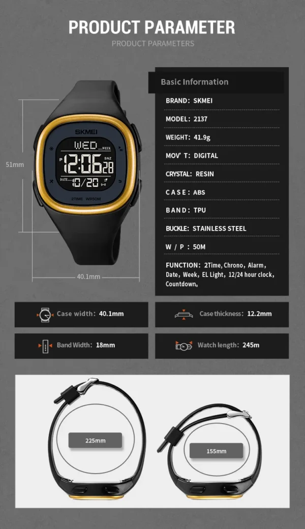 Men Male Men's Digital Watch Date Week 2 Time Display El Light 50m Waterproof Electronic Watches For Men Relogios Masculino - Image 6