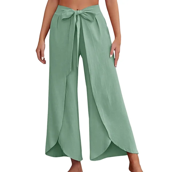 Bohemian Women Flowy Wide Leg Pants Casual Summer Beach Pants Lace-Up Fashion Solid Color Baggy Trousers Pantalones De Mujer - Image 2