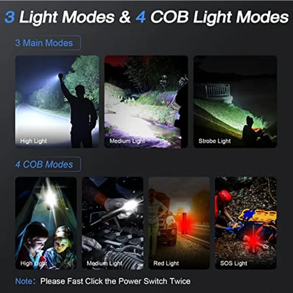 Rechargeable Super Bright Flashlight 7Modes High Lumens Tactical Flashlight Zoomable LED torch With COB Side Light and Display - Image 4