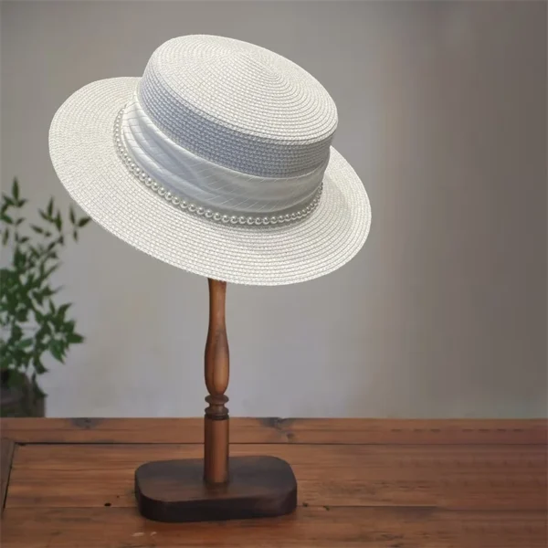 Elegant Women s Wide Brim Straw Hat with Pearl Embellishments for Stylish UV Protection at the Beach or on Holiday - Image 5