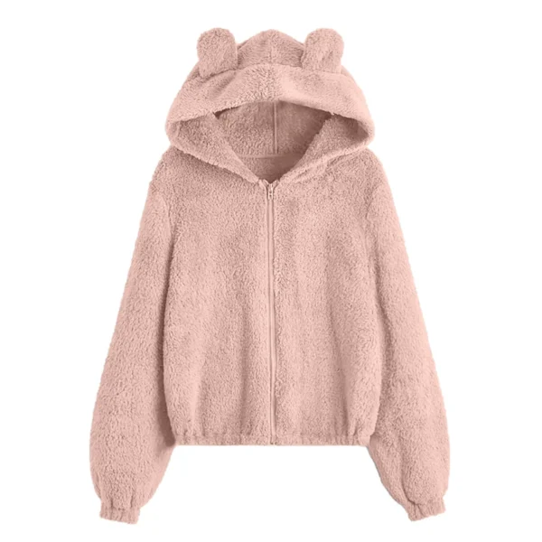 Cute Bear Ear Plush Warm Solid Casual Hoodie Female Pocket Creative Sweatshirts All-Match Street Clothes Womens Fleece Pullovers - Image 4