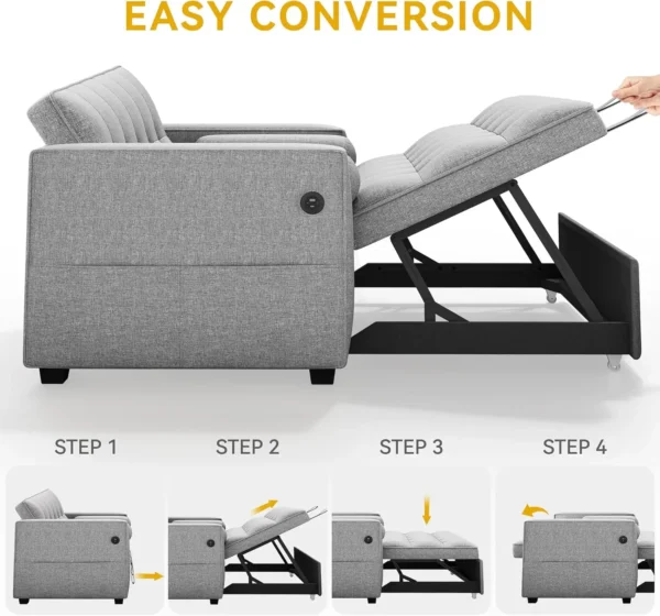 Convertible Sleeper Sofa Bed Loveseat Couch with Pullout Bed, USB Ports, Storage Pocket， Modern Lounge Furniture - Image 4