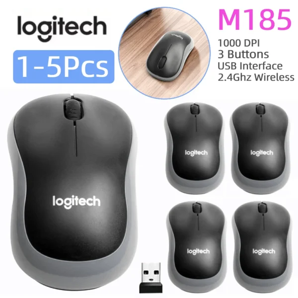 1-5Pcs Logitech M185 Wireless Mouse with 2.4GHz USB Receiver Silent Gaming Optical Mice 1000DPI 3 Buttons for PC/Laptop Gamer