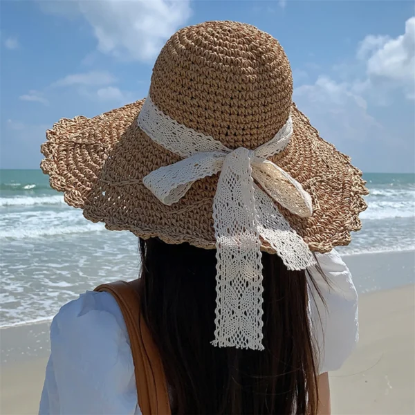 Elegant Floral Print Wide Brim Sun Hat with Bow Decoration Breathable Straw Beach Cap for Women s Summer Sun Protection - Image 5