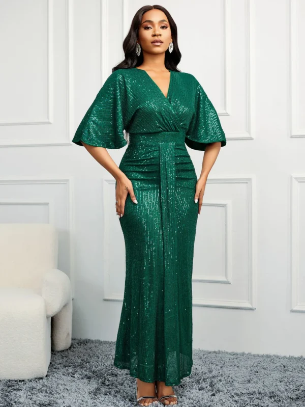 Women Sequin Dress Summer elegant V-Neck Ruffles Short Sleeves Vintage Pencil Pleats Slim Fit Fashion Banquet Cocktail Party - Image 6