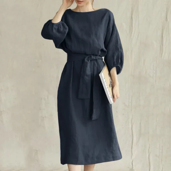 autumn Dress Women 2024 New Cotton Linen Solid Lace Up Casual Oversize O Neck Chic Long Sleeve Midi Dresses for Women with Belt - Image 3