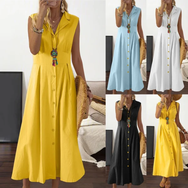 Casual Loose Sleeveless Shirt Dress Solid Color Button Cotton Linen Blend Dress Elegant Vacation Holiday Dresses платье женское - Image 7