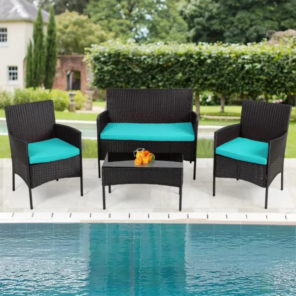 4-Piece Outdoor Wicker Patio Conversation Furniture Set for Backyard W/Coffee Table, Seat Cushions, Patio Furniture Set - Image 3