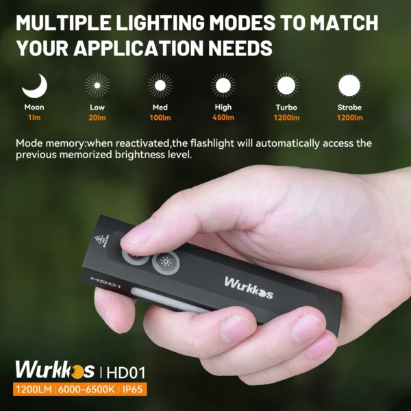 Wurkkos HD01 Multi-Function Rechargeable Flashlight 1200 LM Flat Torch with Green White Light 90CRI Side Light RGB Light IP65 - Image 2
