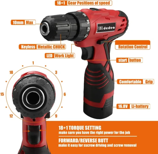 Tool Set with Drill, 108Pcs Cordless Drill Household Power Tools Set with 16.8V Lithium Driver Claw Hammer Wrenches Pliers DIY A - Image 4