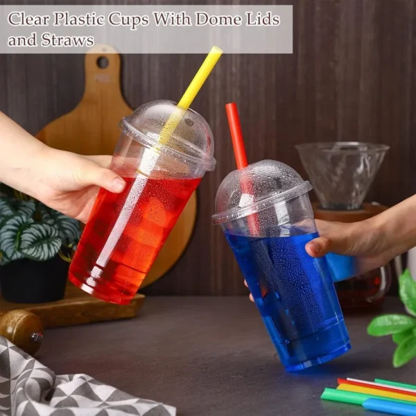 100 Sets Clear Plastic Cups with Dome Lids and Colorful Straws, Disposable Slushie Smoothie Cups PET Beverage for Party - Image 3
