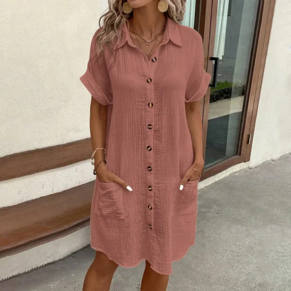 Women'S Fashion Summer Minimalist V-Neck Button Up Dress Woman Cotton Linen White Short Sleeved Pocket Casual Loose Shirt Dress - Image 14