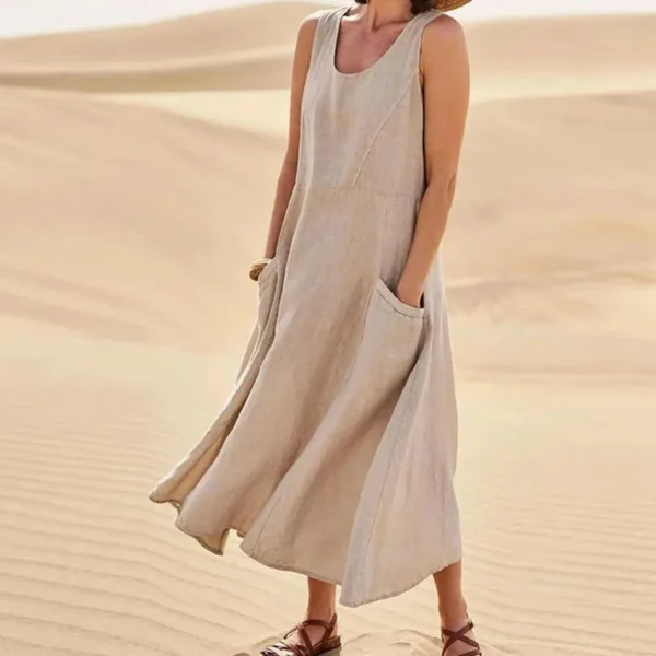 Women Coton Linen Sundress Summer Female Sleeveless Double Big Pocket Loose Sand Beachwear Long Dress Oversized S-5XL LRFZ-818 - Image 12