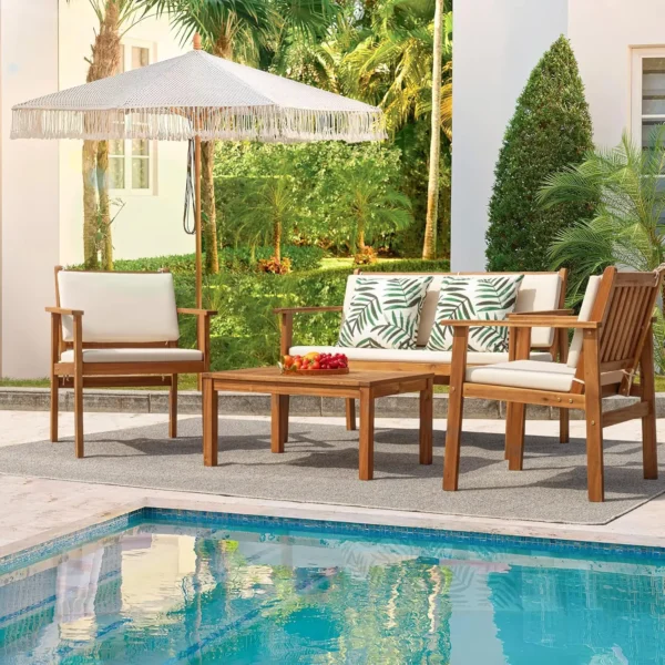 Flamaker Patio Furniture 4 Piece Outdoor Acacia Wood Patio Conversation Sofa Set with Table & Cushions Porch Furniture for Deck, - Image 6