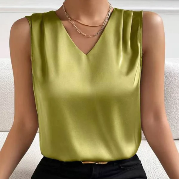Coffee Tops For Women Summer V Neck Casual Soild Color Satin Sleeveless Basic Vest Shirt Fashionable Simple Apparel Shirts - Image 4