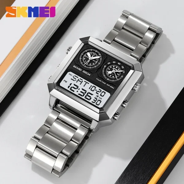 SKMEI Genuine Men's Electronic Watch Square Countdown Mary Gold Stainless Steel Strap 4 Time Timer Alarm Clock EL Luminous 2204 - Image 3