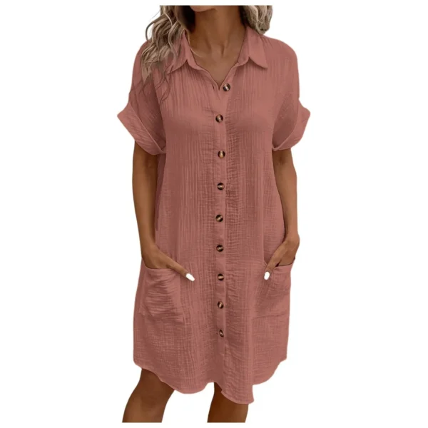 Women'S Fashion Summer Minimalist V-Neck Button Up Dress Woman Cotton Linen White Short Sleeved Pocket Casual Loose Shirt Dress - Image 13