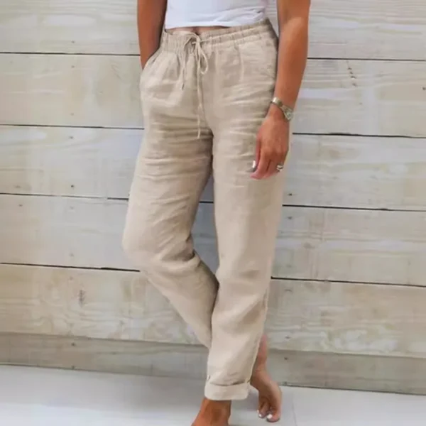 Women Cotton Linen Pants Summer Female High Elastic Waist Drawstring Pocket Beachwear Holiday Straight Trousers JYFS-1044 - Image 2