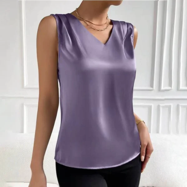 Coffee Tops For Women Summer V Neck Casual Soild Color Satin Sleeveless Basic Vest Shirt Fashionable Simple Apparel Shirts - Image 5