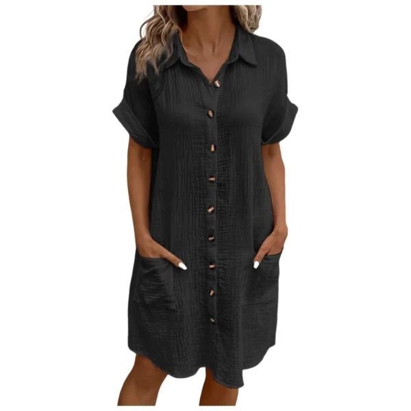 Women'S Fashion Summer Minimalist V-Neck Button Up Dress Woman Cotton Linen White Short Sleeved Pocket Casual Loose Shirt Dress - Image 9