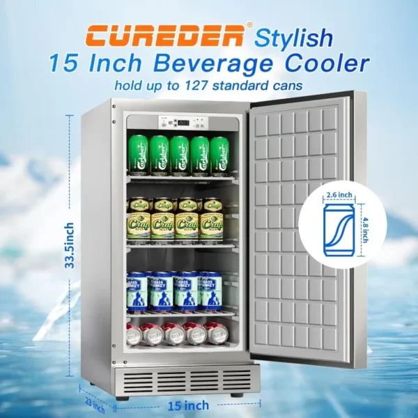 15 Inch Outdoor Refrigerator,Weather Proof Stainless Steel Beverage Beer Cooler Under Counter Fridge,Indoor/Outdoor Refrigerator - Image 6