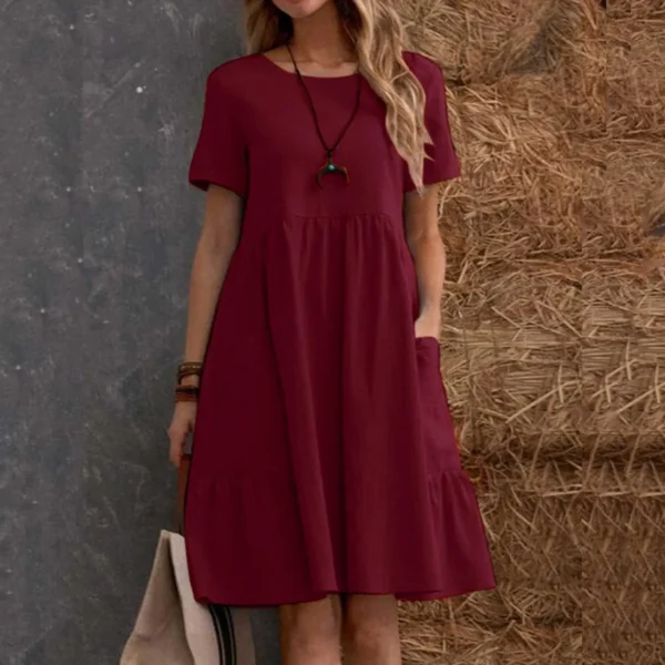 Evening Dresses Outfits Women Fashion Solid Vintage Cotton And Linen Loose Pocket Round Neck Short Sleeve Vestido Mujer Elegante - Image 3