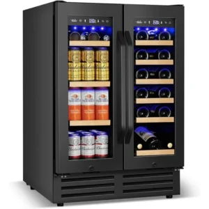 Wine and Beverage Refrigerator Black, 24 Inch Beverage Cooler Under Counter Dual Zone with Glass Door&Lock