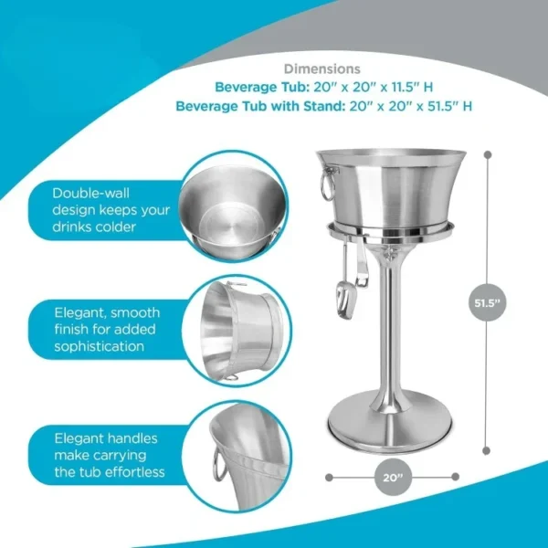 Metal Beverage Tub w/Stand, Scoop & Bottle Opener - Stainless Steel Double Wall Ice Cooler - Large Drinks, Beer, Wine - Image 2