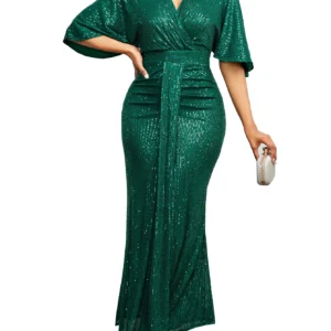 Women Sequin Dress Summer elegant V-Neck Ruffles Short Sleeves Vintage Pencil Pleats Slim Fit Fashion Banquet Cocktail Party