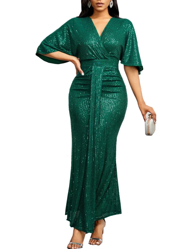 Women Sequin Dress Summer elegant V-Neck Ruffles Short Sleeves Vintage Pencil Pleats Slim Fit Fashion Banquet Cocktail Party