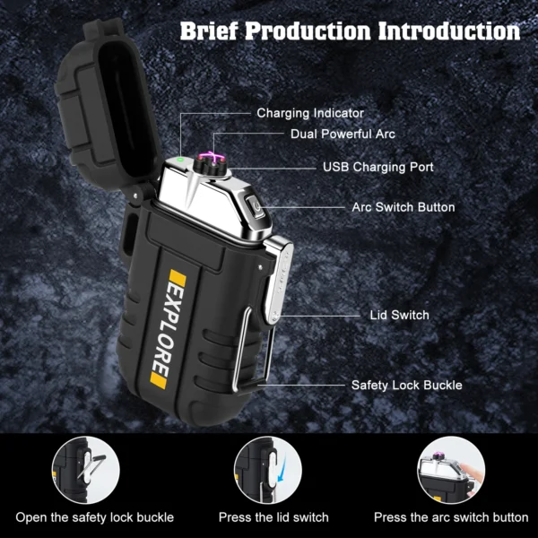 Waterproof Electric Lighter Windproof Dual Arc USB Rechargeable Flameless Plasma Lighters for Camping Hiking Survival Tactical - Image 3