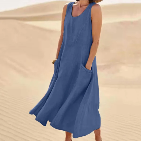 Women Coton Linen Sundress Summer Female Sleeveless Double Big Pocket Loose Sand Beachwear Long Dress Oversized S-5XL LRFZ-818 - Image 10