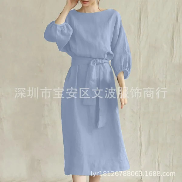 autumn Dress Women 2024 New Cotton Linen Solid Lace Up Casual Oversize O Neck Chic Long Sleeve Midi Dresses for Women with Belt - Image 14